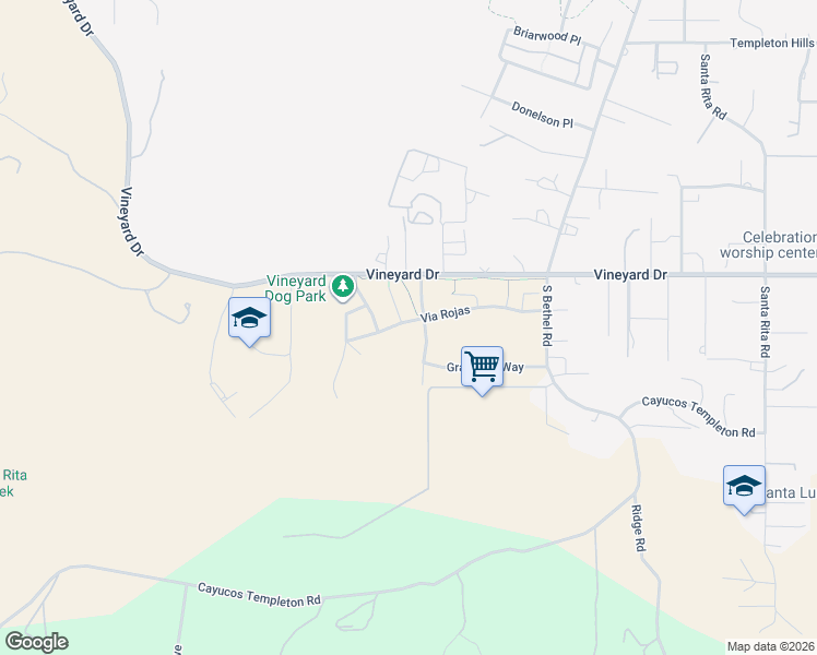 map of restaurants, bars, coffee shops, grocery stores, and more near 1725 Via Rojas in Templeton