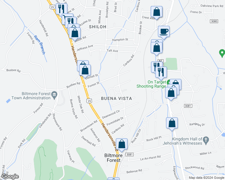 map of restaurants, bars, coffee shops, grocery stores, and more near 16 Dawnwood Circle in Asheville