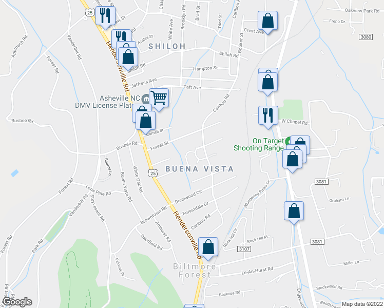 map of restaurants, bars, coffee shops, grocery stores, and more near 17 Dawnwood Circle in Asheville