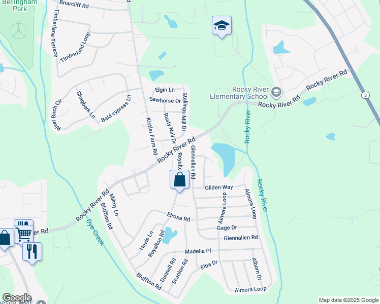 map of restaurants, bars, coffee shops, grocery stores, and more near 114 Glenn Allen Road in Mooresville