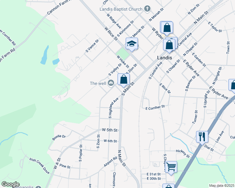 map of restaurants, bars, coffee shops, grocery stores, and more near 710 South Main Street in Landis