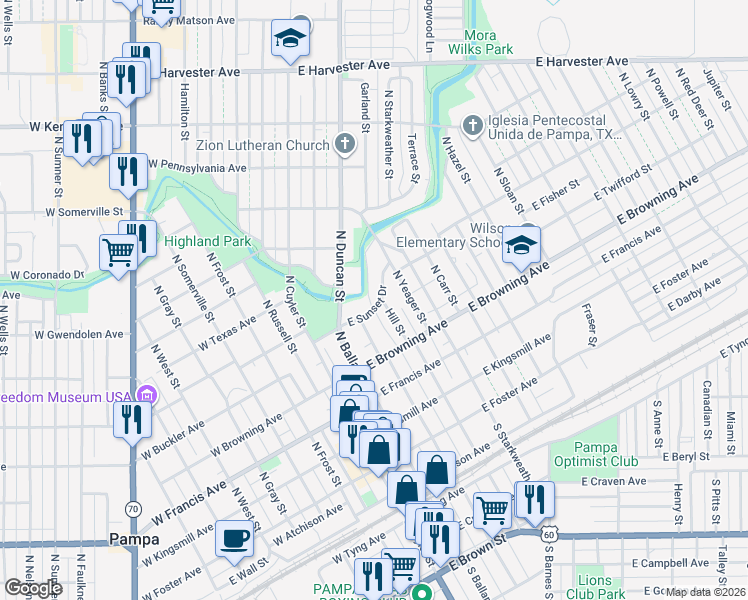 map of restaurants, bars, coffee shops, grocery stores, and more near 309 East Sunset Drive in Pampa