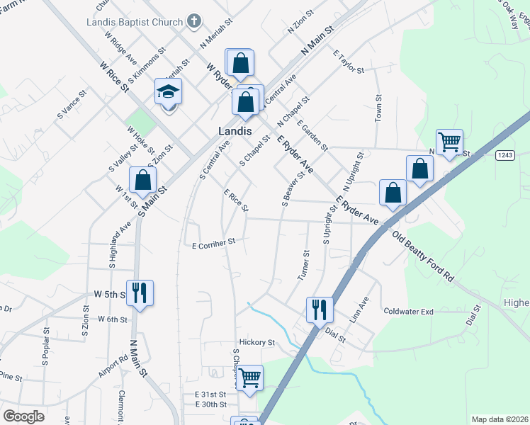 map of restaurants, bars, coffee shops, grocery stores, and more near 302 South Beaver Street in Landis