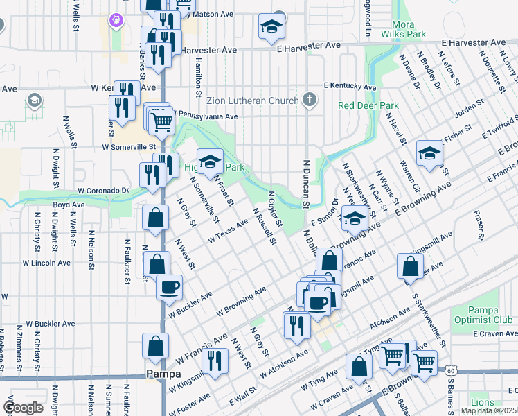 map of restaurants, bars, coffee shops, grocery stores, and more near West Texas Avenue in Pampa
