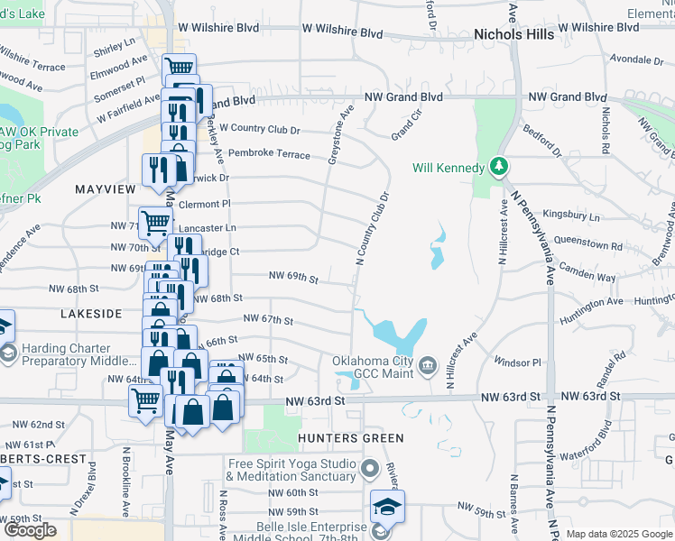 map of restaurants, bars, coffee shops, grocery stores, and more near 6900 North Country Club Drive in Oklahoma City