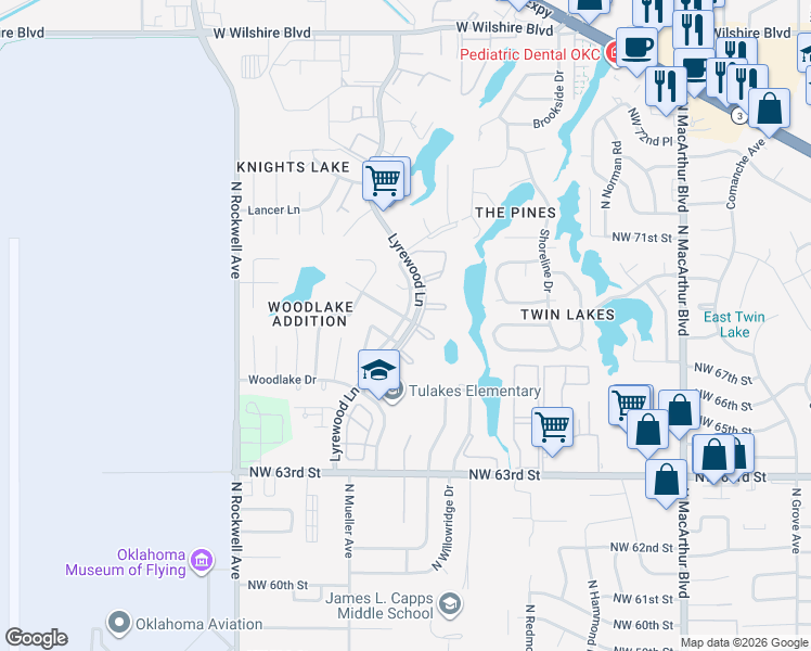 map of restaurants, bars, coffee shops, grocery stores, and more near 6719 Lyrewood Lane in Oklahoma City