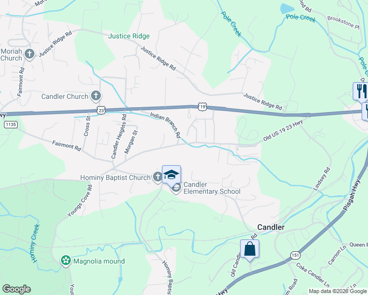 map of restaurants, bars, coffee shops, grocery stores, and more near 15 Indian Branch Road in Candler