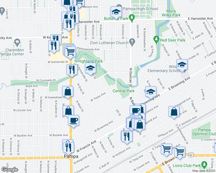 map of restaurants, bars, coffee shops, grocery stores, and more near 800-898 North Russell Street in Pampa