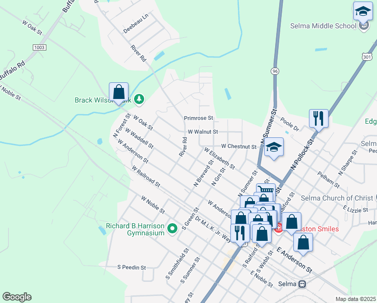 map of restaurants, bars, coffee shops, grocery stores, and more near 808 West Oak Street in Selma