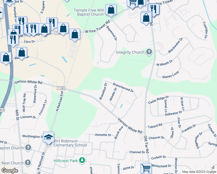 map of restaurants, bars, coffee shops, grocery stores, and more near 413 Zachary Court in Winterville