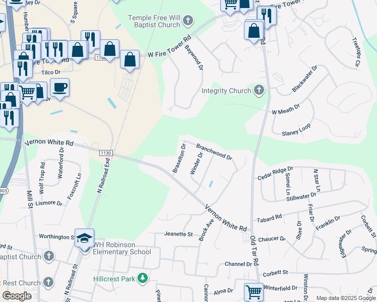 map of restaurants, bars, coffee shops, grocery stores, and more near 413 Zachary Court in Winterville