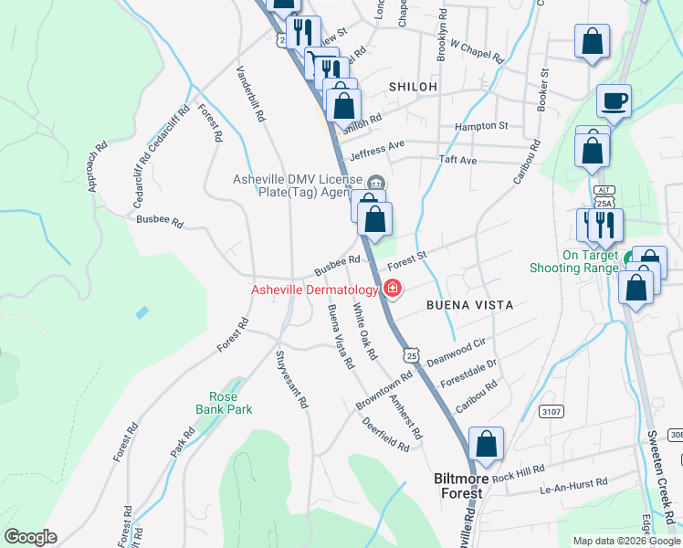 map of restaurants, bars, coffee shops, grocery stores, and more near 6 Busbee Road in Asheville