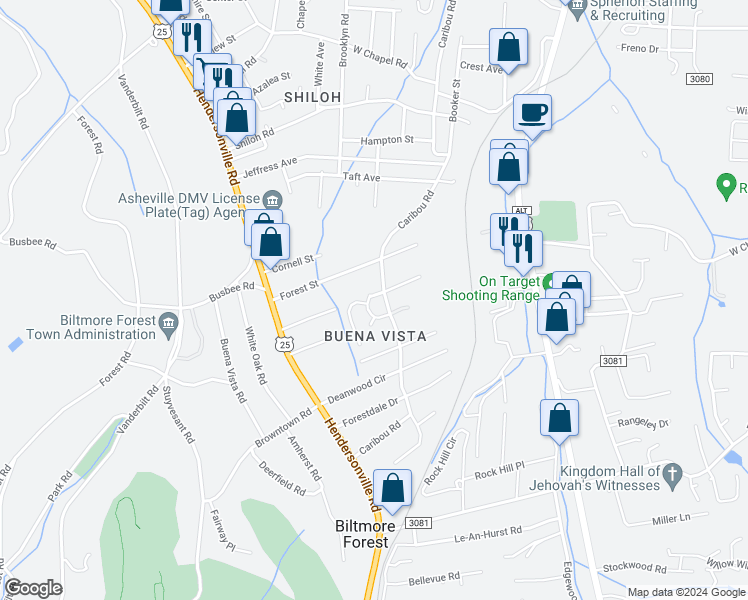 map of restaurants, bars, coffee shops, grocery stores, and more near 3 Dawnwood Circle in Asheville