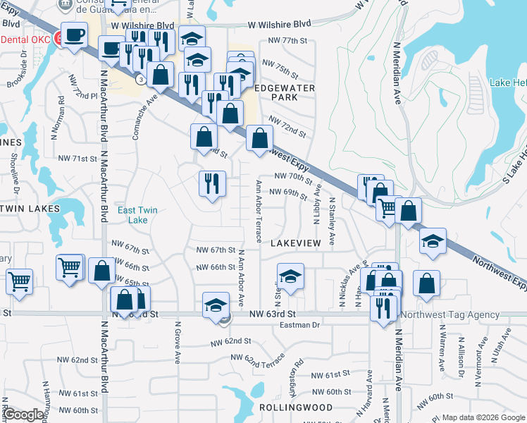 map of restaurants, bars, coffee shops, grocery stores, and more near 6900 North Ann Arbor Terrace in Oklahoma City