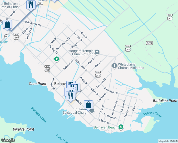 map of restaurants, bars, coffee shops, grocery stores, and more near 300-760 Pine Street in Belhaven