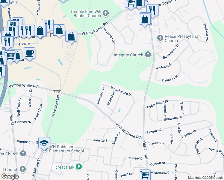 map of restaurants, bars, coffee shops, grocery stores, and more near 404 Branchwood Drive in Winterville