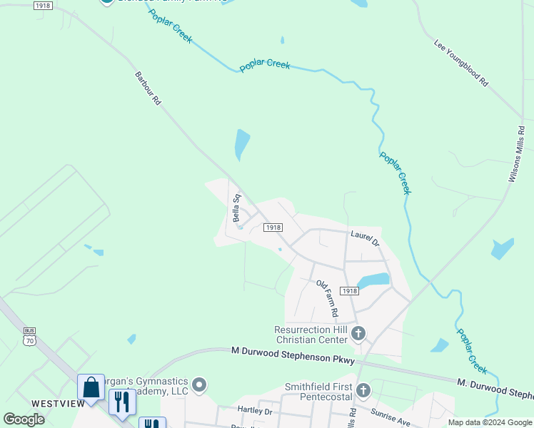 map of restaurants, bars, coffee shops, grocery stores, and more near 410 Barbour Road in Smithfield