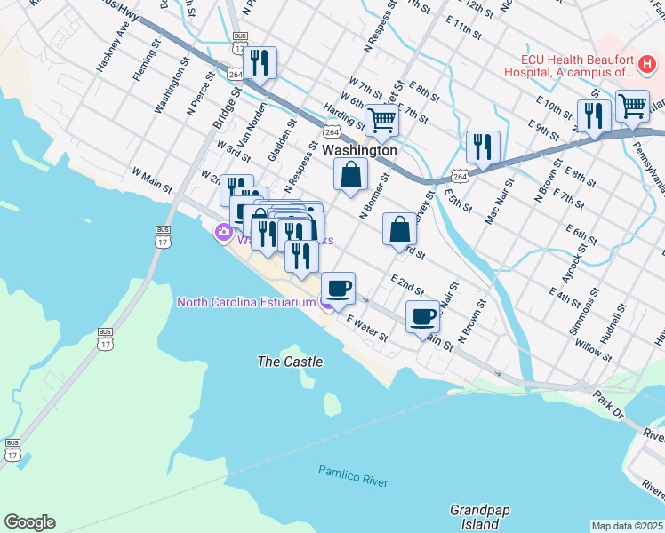 map of restaurants, bars, coffee shops, grocery stores, and more near 114 North Bonner Street in Washington