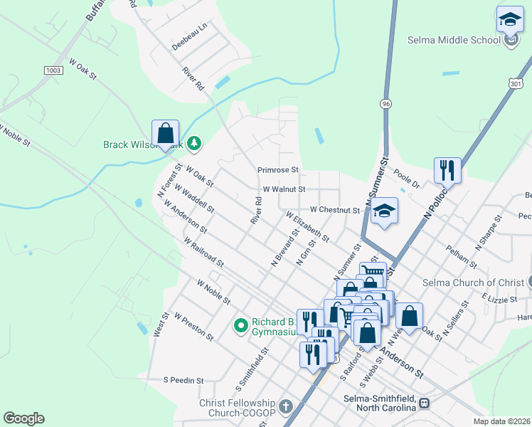 map of restaurants, bars, coffee shops, grocery stores, and more near 808 West Oak Street in Selma
