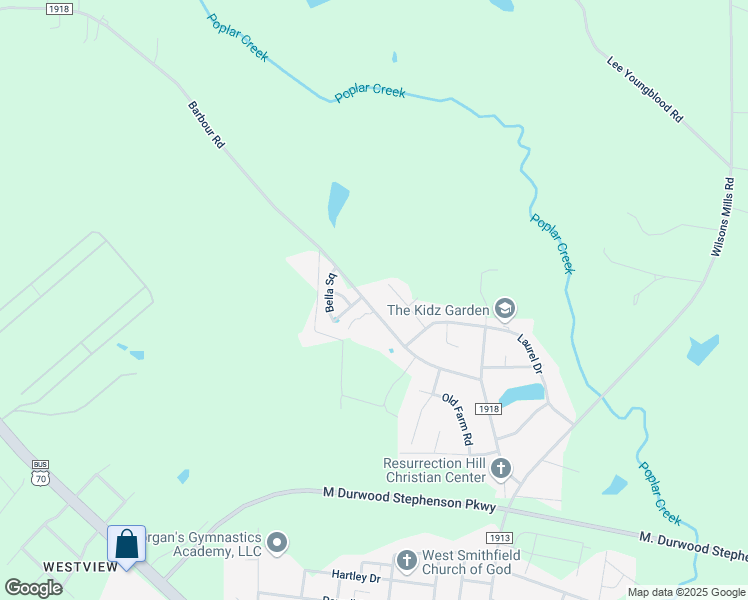 map of restaurants, bars, coffee shops, grocery stores, and more near 410 Barbour Road in Smithfield