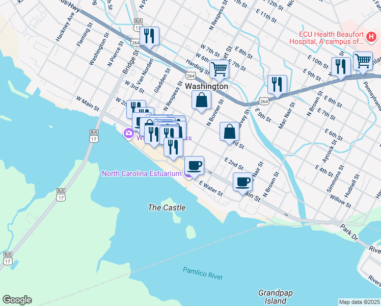 map of restaurants, bars, coffee shops, grocery stores, and more near 114 North Bonner Street in Washington