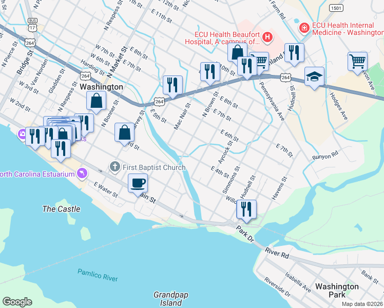 map of restaurants, bars, coffee shops, grocery stores, and more near 401-499 N Brown St in Washington