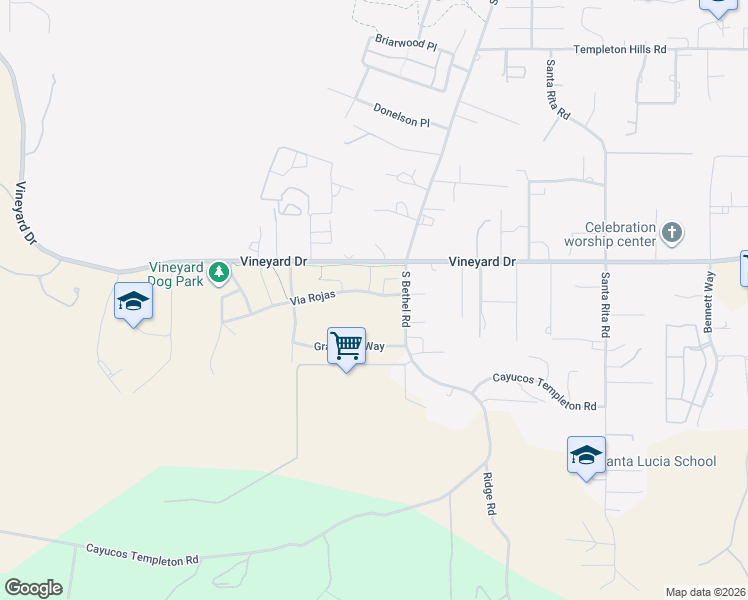 map of restaurants, bars, coffee shops, grocery stores, and more near 1549 Via Rojas in Templeton