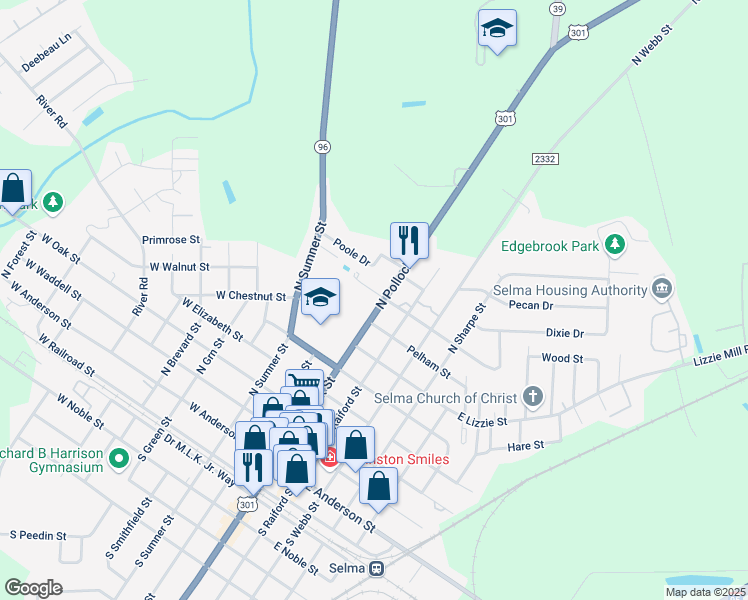 map of restaurants, bars, coffee shops, grocery stores, and more near 212 West Griswold Street in Selma