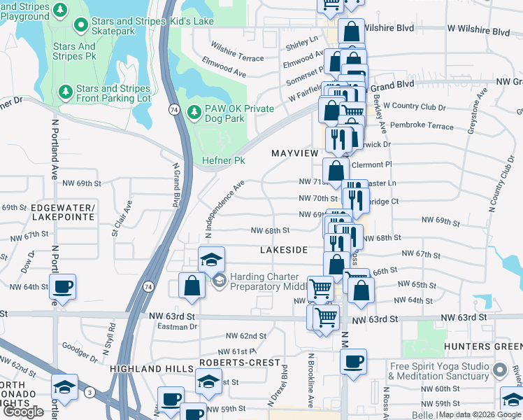 map of restaurants, bars, coffee shops, grocery stores, and more near 7017 North Drexel Boulevard in Oklahoma City