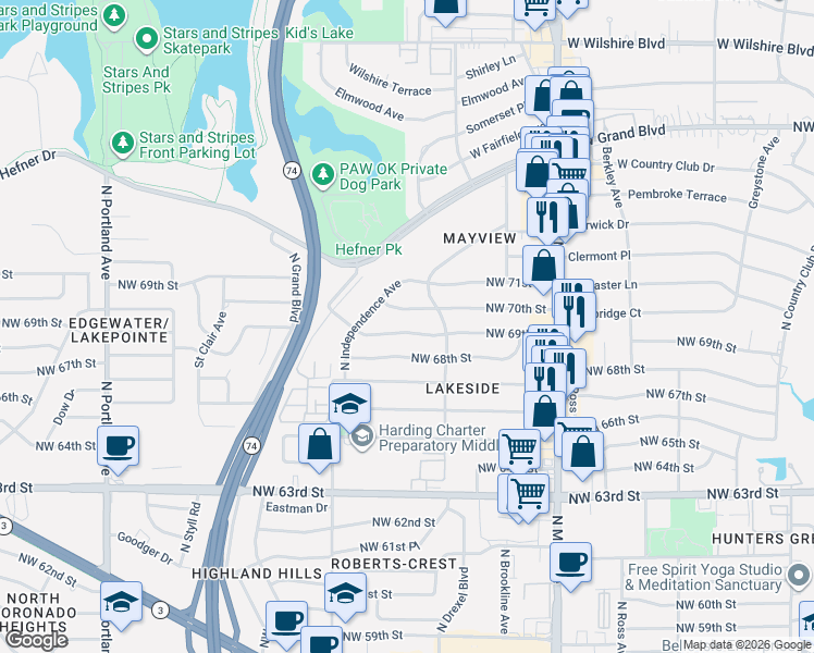 map of restaurants, bars, coffee shops, grocery stores, and more near 3128 Northwest 70th Street in Oklahoma City