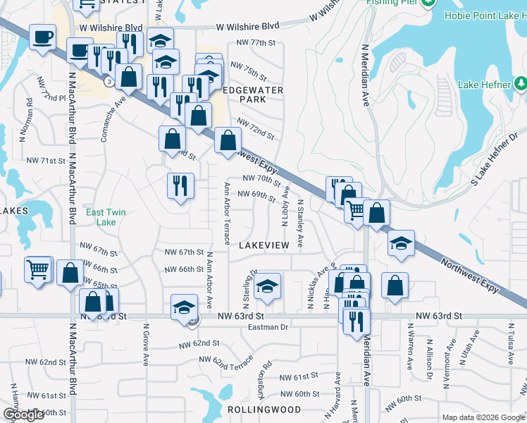 map of restaurants, bars, coffee shops, grocery stores, and more near 6909 Saint Mary's Place in Oklahoma City