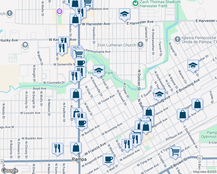 map of restaurants, bars, coffee shops, grocery stores, and more near 800 North Frost Street in Pampa
