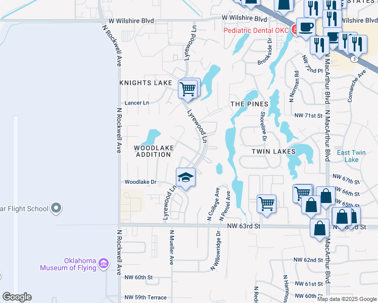 map of restaurants, bars, coffee shops, grocery stores, and more near 6709 Greenway Drive in Oklahoma City