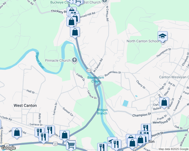 map of restaurants, bars, coffee shops, grocery stores, and more near 2 North Canton Road in Canton