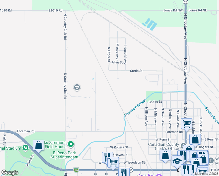 map of restaurants, bars, coffee shops, grocery stores, and more near 702 N Boynton Ave in El Reno