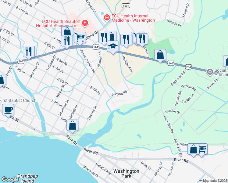 map of restaurants, bars, coffee shops, grocery stores, and more near 708 Runyon Road in Washington