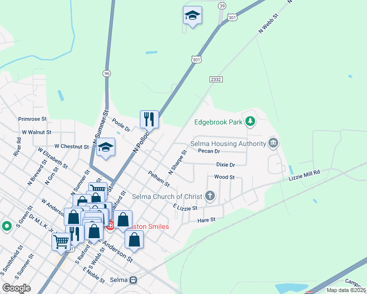 map of restaurants, bars, coffee shops, grocery stores, and more near 907 North Sharpe Street in Selma