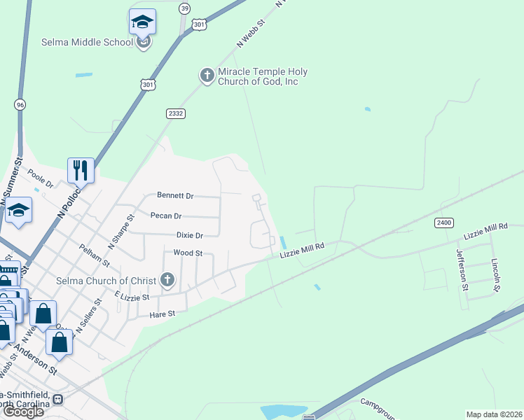 map of restaurants, bars, coffee shops, grocery stores, and more near 9 Oriole Court in Selma