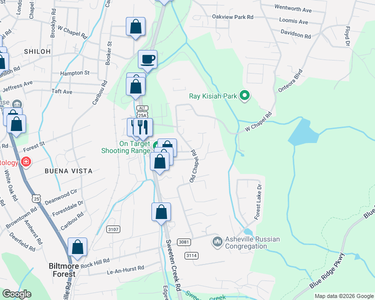 map of restaurants, bars, coffee shops, grocery stores, and more near 210 Old Chapel Road in Asheville
