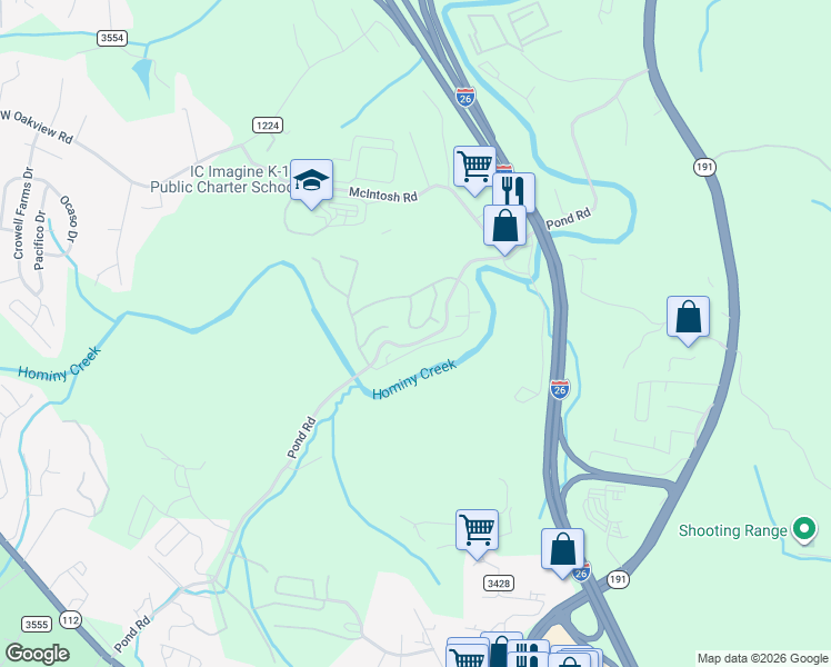 map of restaurants, bars, coffee shops, grocery stores, and more near 199 Pond Road in Asheville