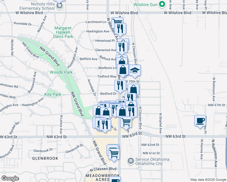 map of restaurants, bars, coffee shops, grocery stores, and more near 1100 Park Manor Drive in Nichols Hills