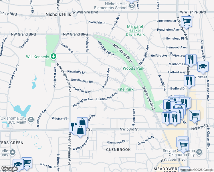 map of restaurants, bars, coffee shops, grocery stores, and more near 6850 Brentwood Avenue in Nichols Hills