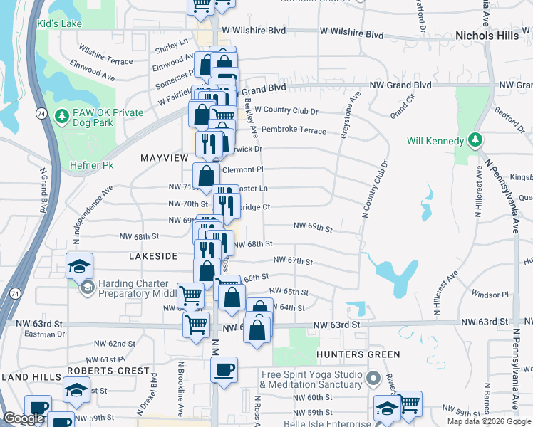 map of restaurants, bars, coffee shops, grocery stores, and more near 2801 Cambridge Court in Oklahoma City