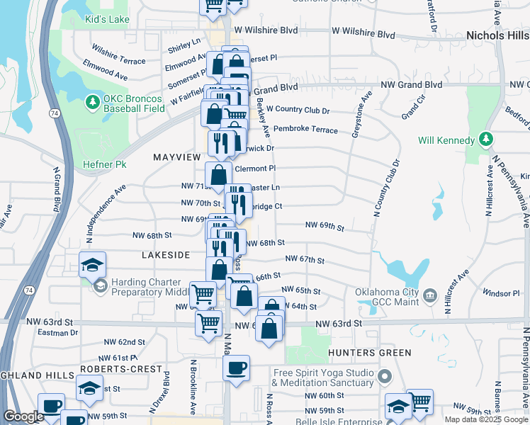map of restaurants, bars, coffee shops, grocery stores, and more near 2801 Cambridge Court in Oklahoma City