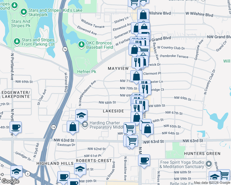 map of restaurants, bars, coffee shops, grocery stores, and more near 3016 Northwest 70th Street in Oklahoma City