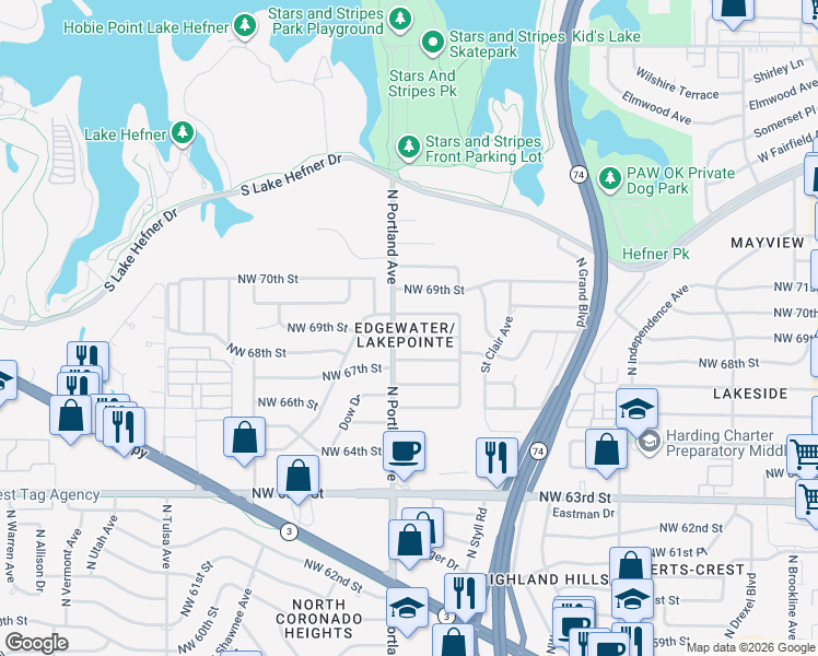 map of restaurants, bars, coffee shops, grocery stores, and more near in Oklahoma City