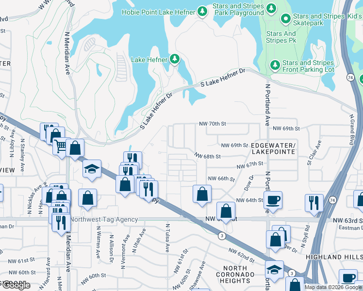 map of restaurants, bars, coffee shops, grocery stores, and more near 6908 North Spinnaker Lane in Oklahoma City
