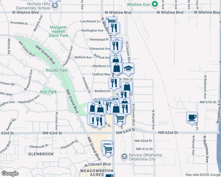 map of restaurants, bars, coffee shops, grocery stores, and more near 1100 Park Manor Drive in Nichols Hills