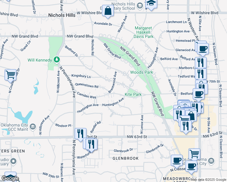 map of restaurants, bars, coffee shops, grocery stores, and more near 6850 Brentwood Avenue in Nichols Hills