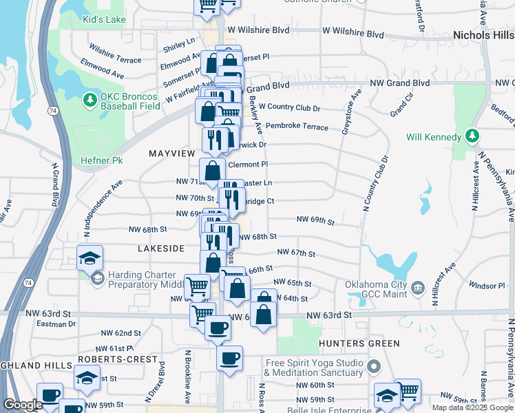map of restaurants, bars, coffee shops, grocery stores, and more near 2801 Cambridge Court in Oklahoma City